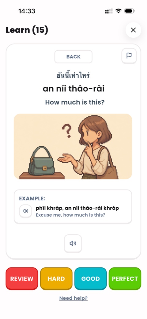 A Wannee flashcard with the Thai phrase, an example sentence and the review buttons