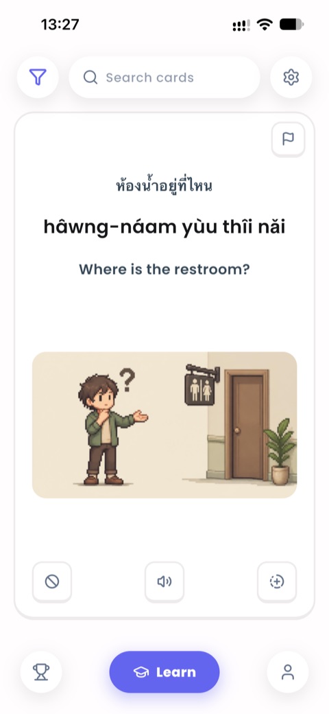 A phrase card asking where the restroom is, in Thai script, transliteration and English